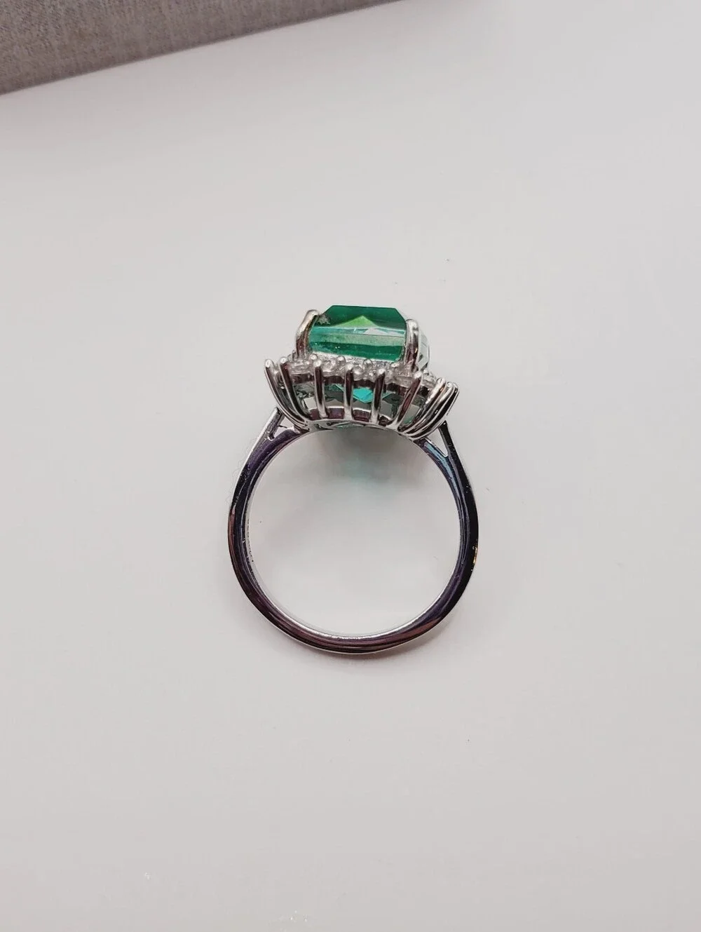 Emerald Green Quartz & White Zircon Halo Ring - Platinum - 925 Sterling Silver